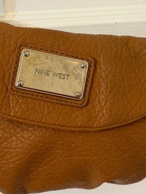 Nine West Caramel Tan Leather Clutch with Gold Plate